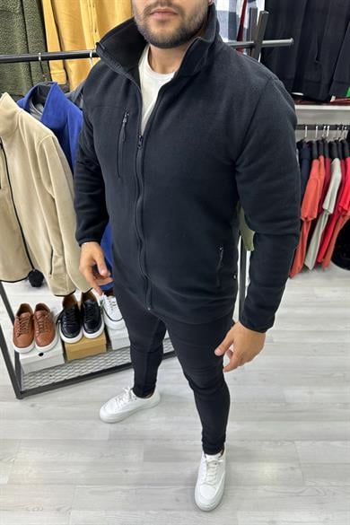 Siyah Tam Fermuarlı Polar Ceket