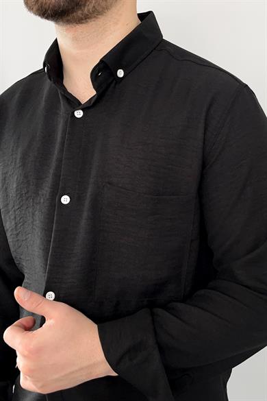 Siyah Tek Cep Keten Gömlek