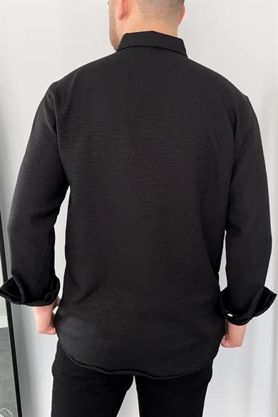 Siyah Tek Cep Keten Gömlek