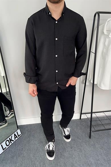 Siyah Tek Cep Keten Gömlek