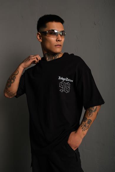 Siyah Tokyo 98 Baskılı Oversize Basic Tshirt