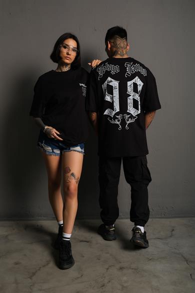 Siyah Tokyo 98 Baskılı Oversize Basic Tshirt