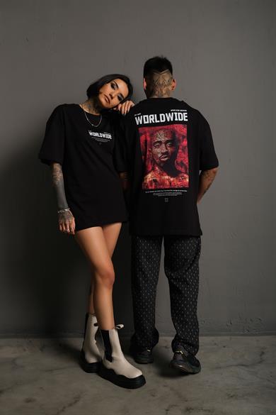 Siyah Tupac Wordwide Baskılı Oversize Basic Tshirt
