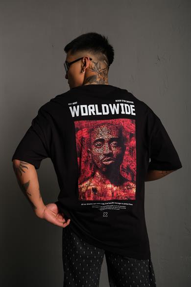 Siyah Tupac Wordwide Baskılı Oversize Basic Tshirt