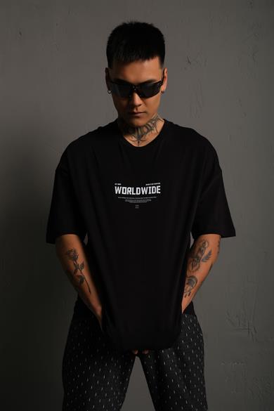 Siyah Tupac Wordwide Baskılı Oversize Basic Tshirt