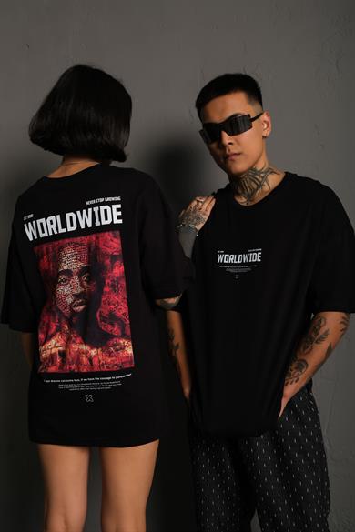 Siyah Tupac Wordwide Baskılı Oversize Basic Tshirt