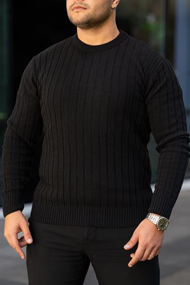 Siyah Tüylenme Yapmayan Slim Fit Desenli Triko Kazak