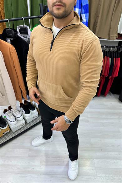 Taba Fitilli Kumaş Yarım Fermuar Kanguru Cep Sweat