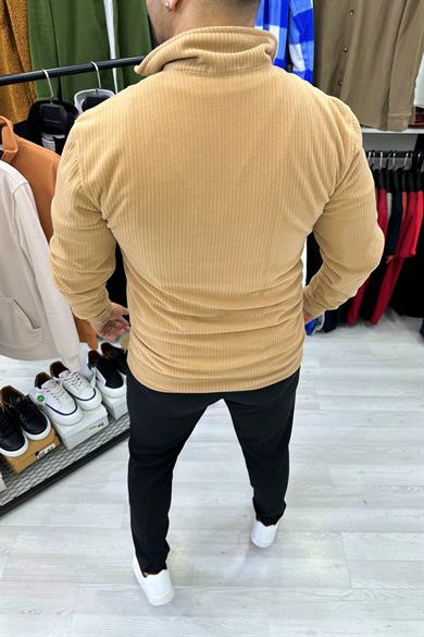 Taba Fitilli Kumaş Yarım Fermuar Kanguru Cep Sweat