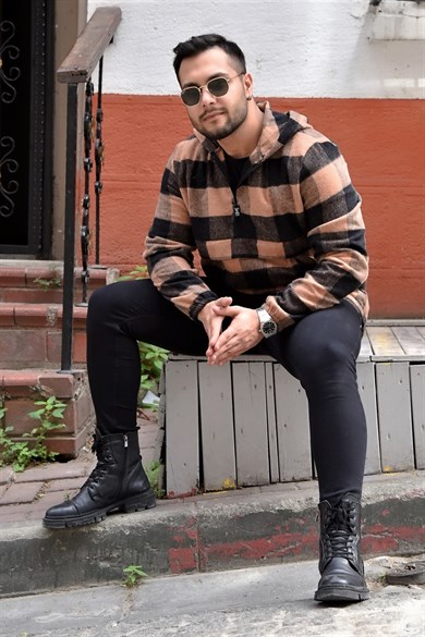 Taba Oduncu Kumaş Ekose Kapüşonlu Kanguru Cep Sweat 