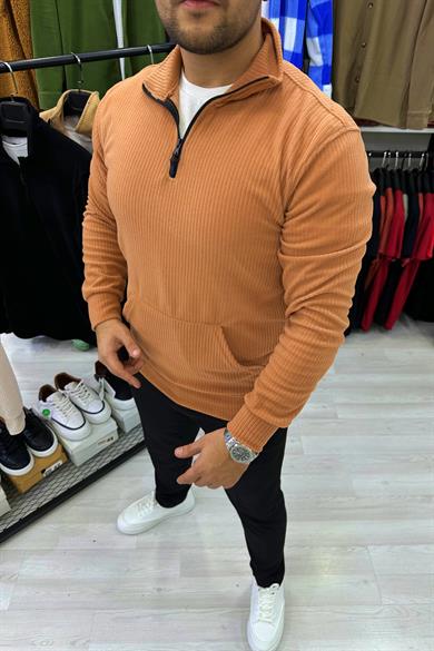 Turuncu Fitilli Kumaş Yarım Fermuar Kanguru Cep Sweat