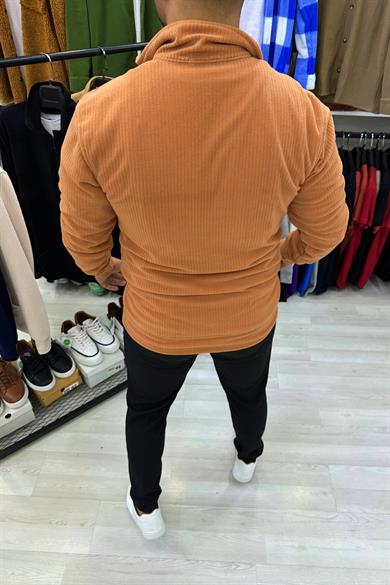 Turuncu Fitilli Kumaş Yarım Fermuar Kanguru Cep Sweat