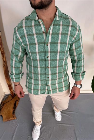 Yeşil %100 Ham Keten Pamuk Ekose Oversize Gömlek