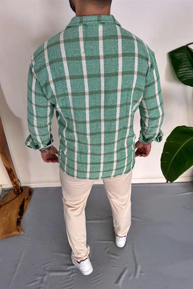 Yeşil %100 Ham Keten Pamuk Ekose Oversize Gömlek