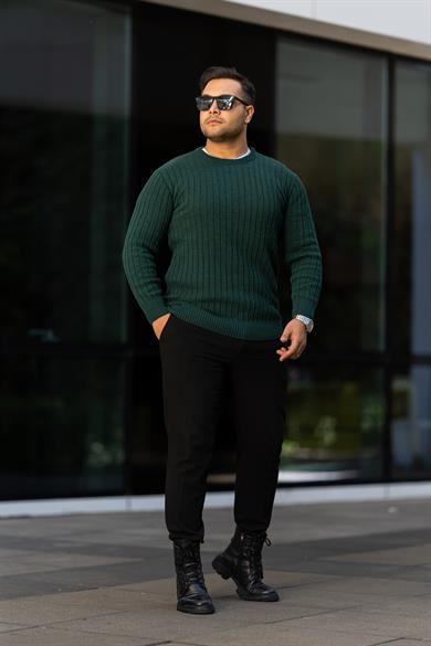 Yeşil Tüylenme Yapmayan Slim Fit Desenli Triko Kazak