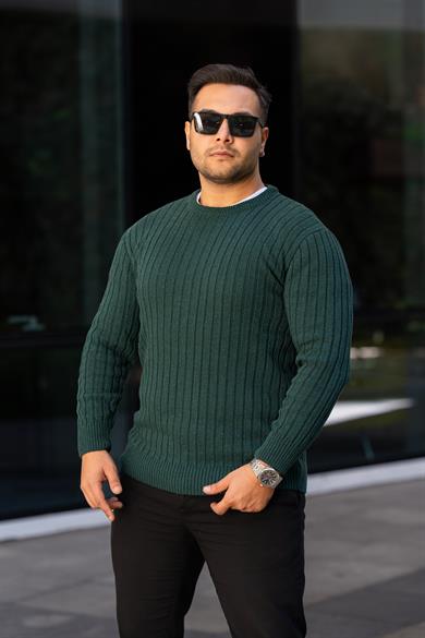 Yeşil Tüylenme Yapmayan Slim Fit Desenli Triko Kazak