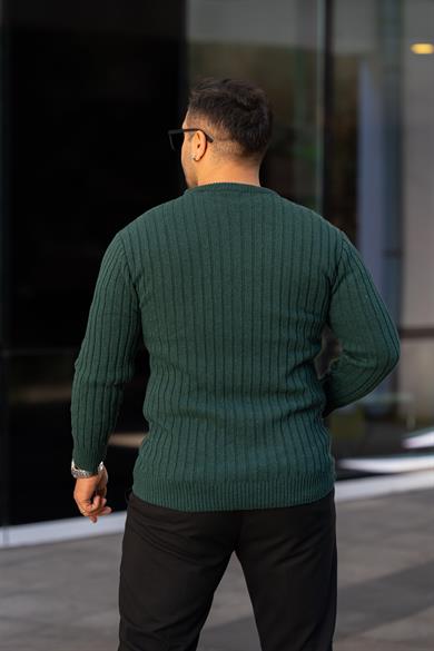Yeşil Tüylenme Yapmayan Slim Fit Desenli Triko Kazak