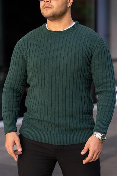 Yeşil Tüylenme Yapmayan Slim Fit Desenli Triko Kazak