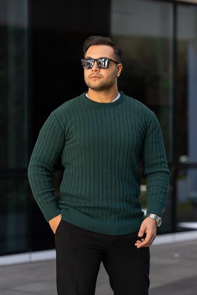 Yeşil Tüylenme Yapmayan Slim Fit Desenli Triko Kazak
