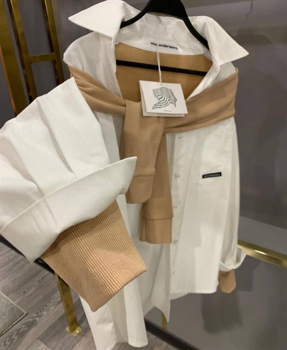 Alexander wang tasarım bej triko detaylı gömlek 