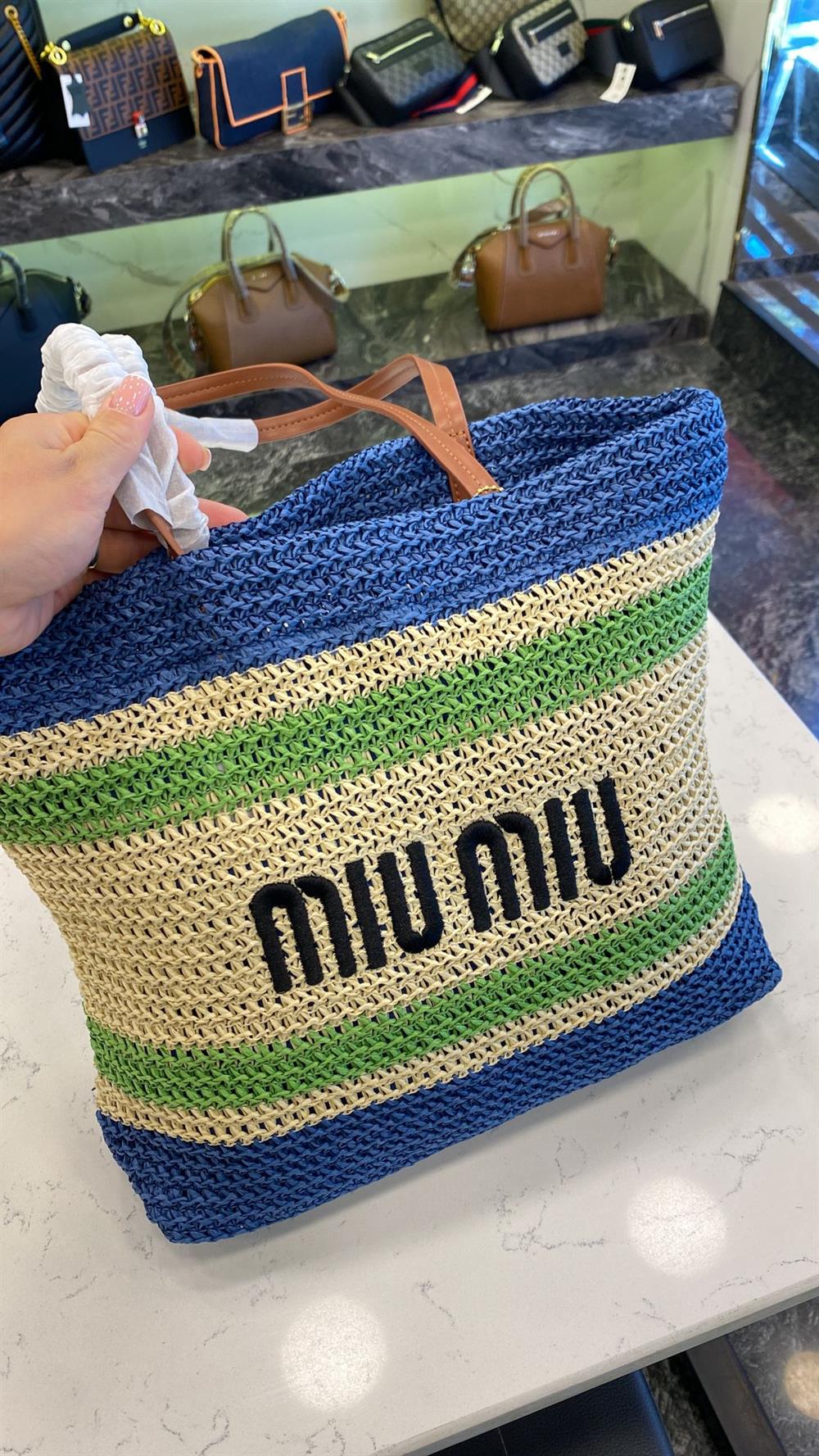 Miu yeşilli hasır çanta