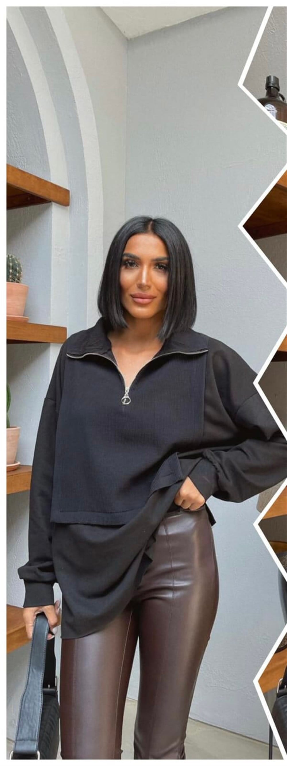 Siyah Önü fermuarlı Sweatshirt 