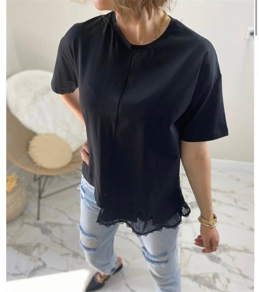 İpekyol Siyah Model Yanı Dantel Tshirt 
