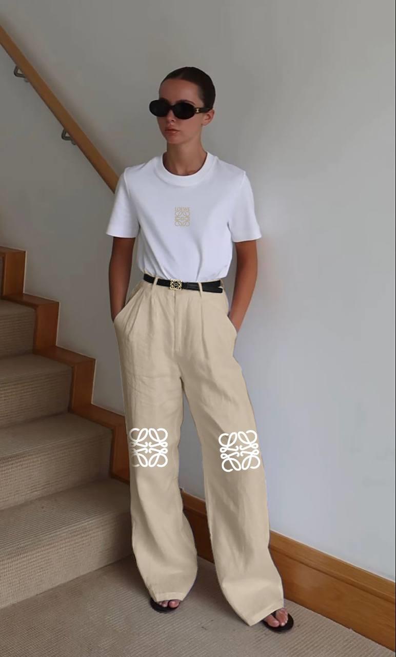 Loewe bej pantolon beyaz tshirt takım