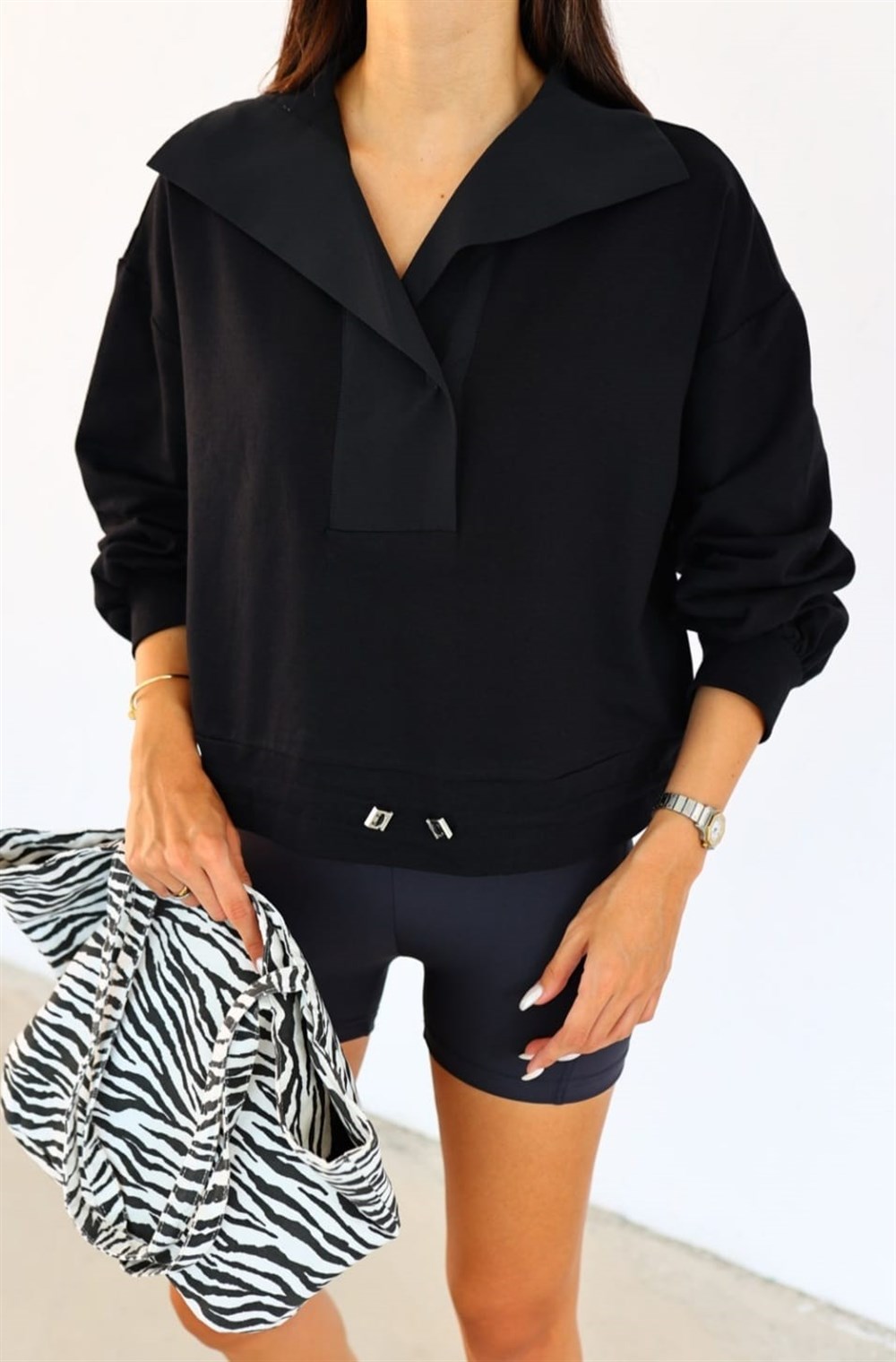 Network gömlek yaka siyah sweatshirt 