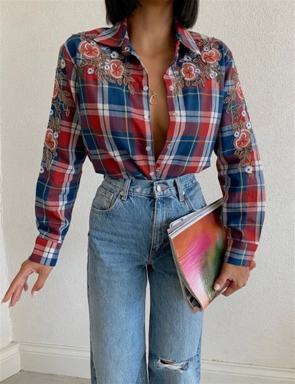 Özel Taş İşlemeli Omuz Detaylı Gömlek 