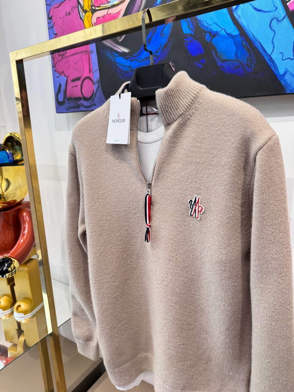 YENİ SEZON MONCLER BEJ YARI FERMUARLI YÜN KAZAK
