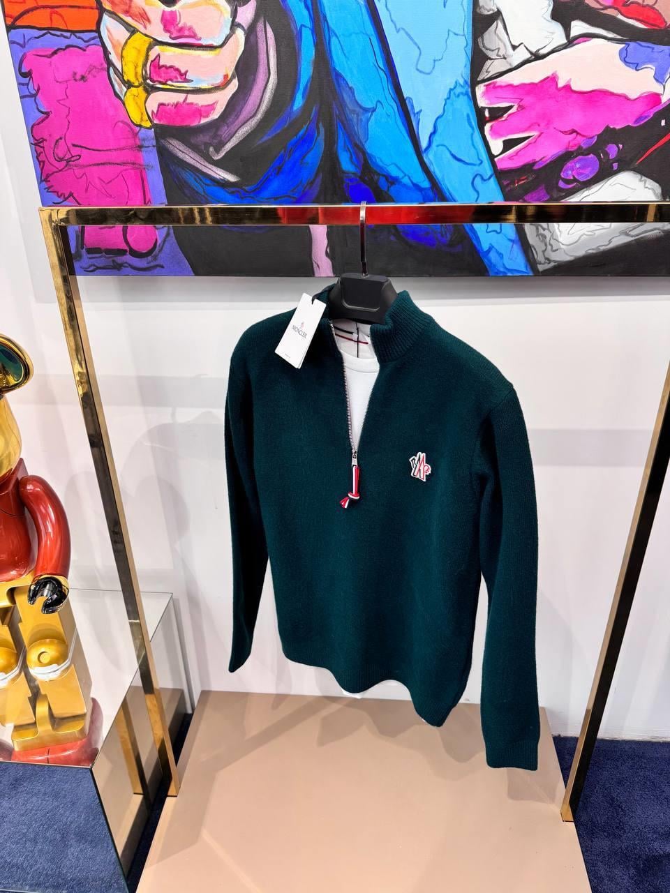 YENİ SEZON MONCLER YEŞİL YARI FERMUARLI YÜN KAZAK