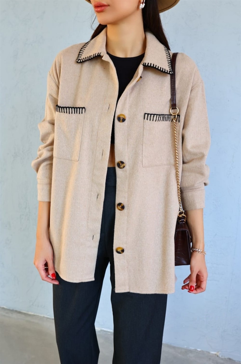 ZR BEJ KONTRAST DİKİŞLİ YUMUŞAK İNCE CEKET 