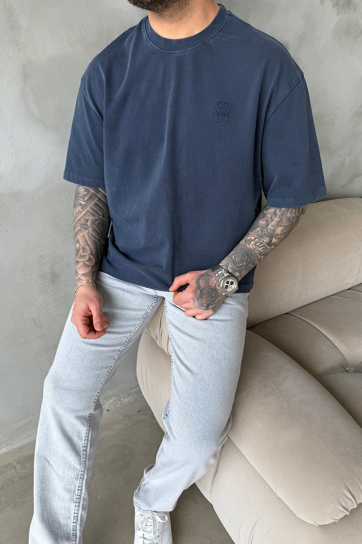 Acid Yıkama Basic Lacivert T-Shirt 
