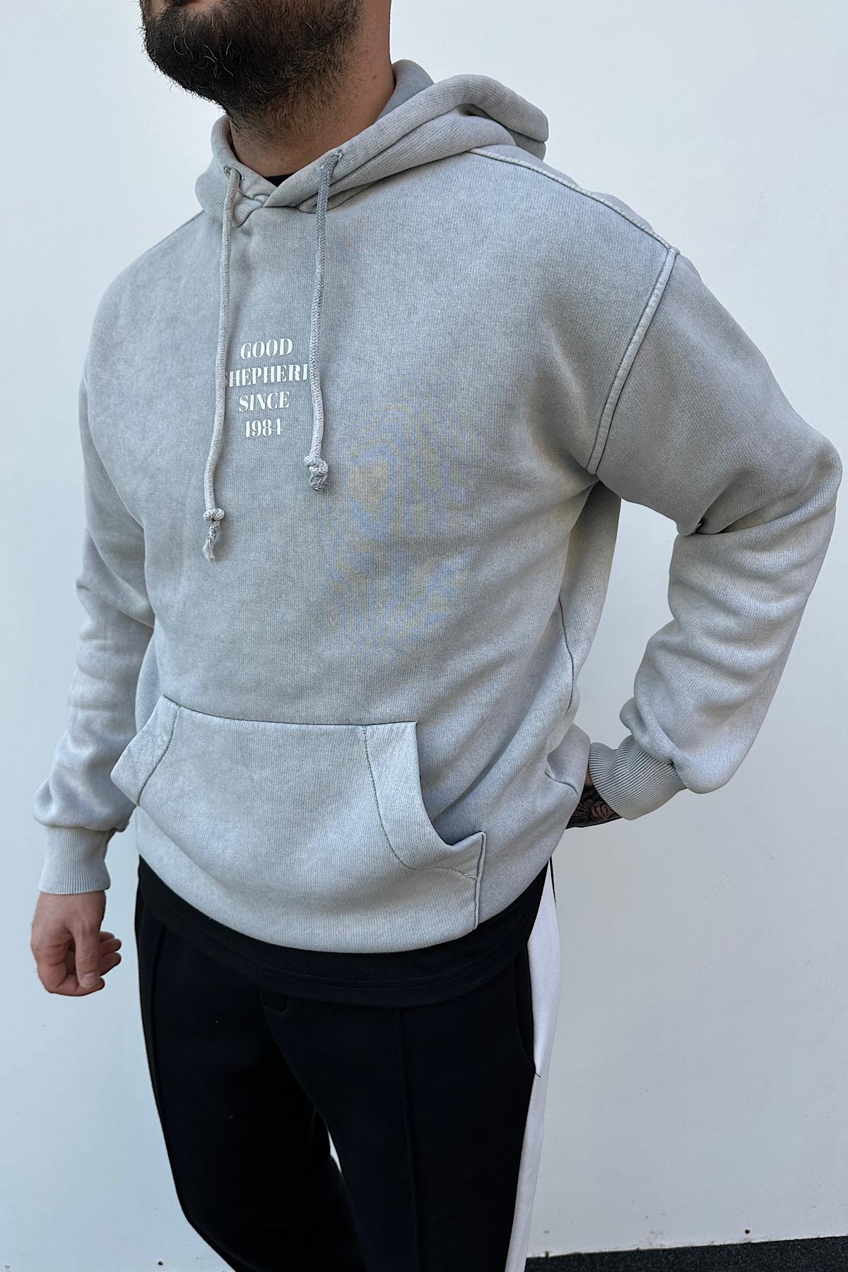 Açık Gri Yıkamalı Kapşonlu Sweatshirt