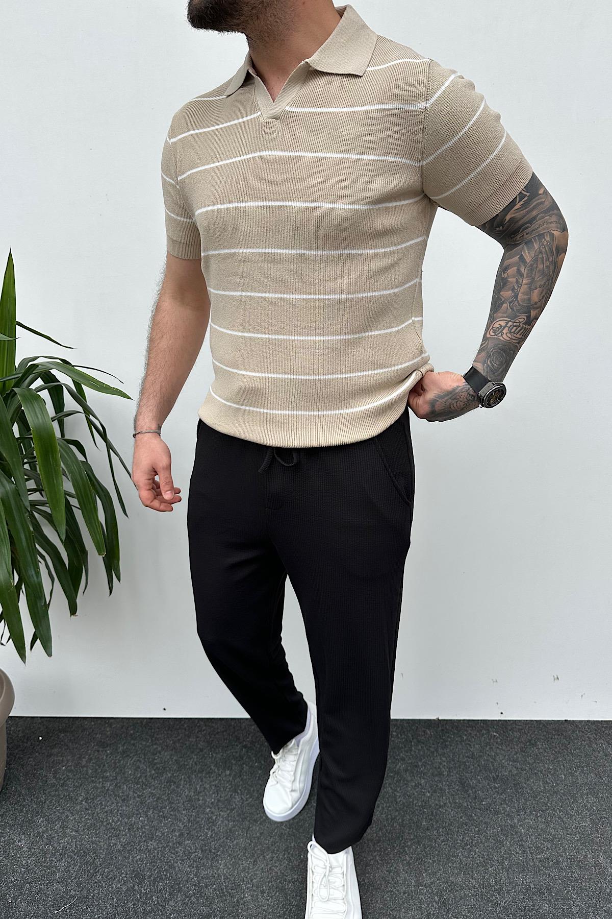 Açık Kahve Çizgili Polo Yaka T-Shirt