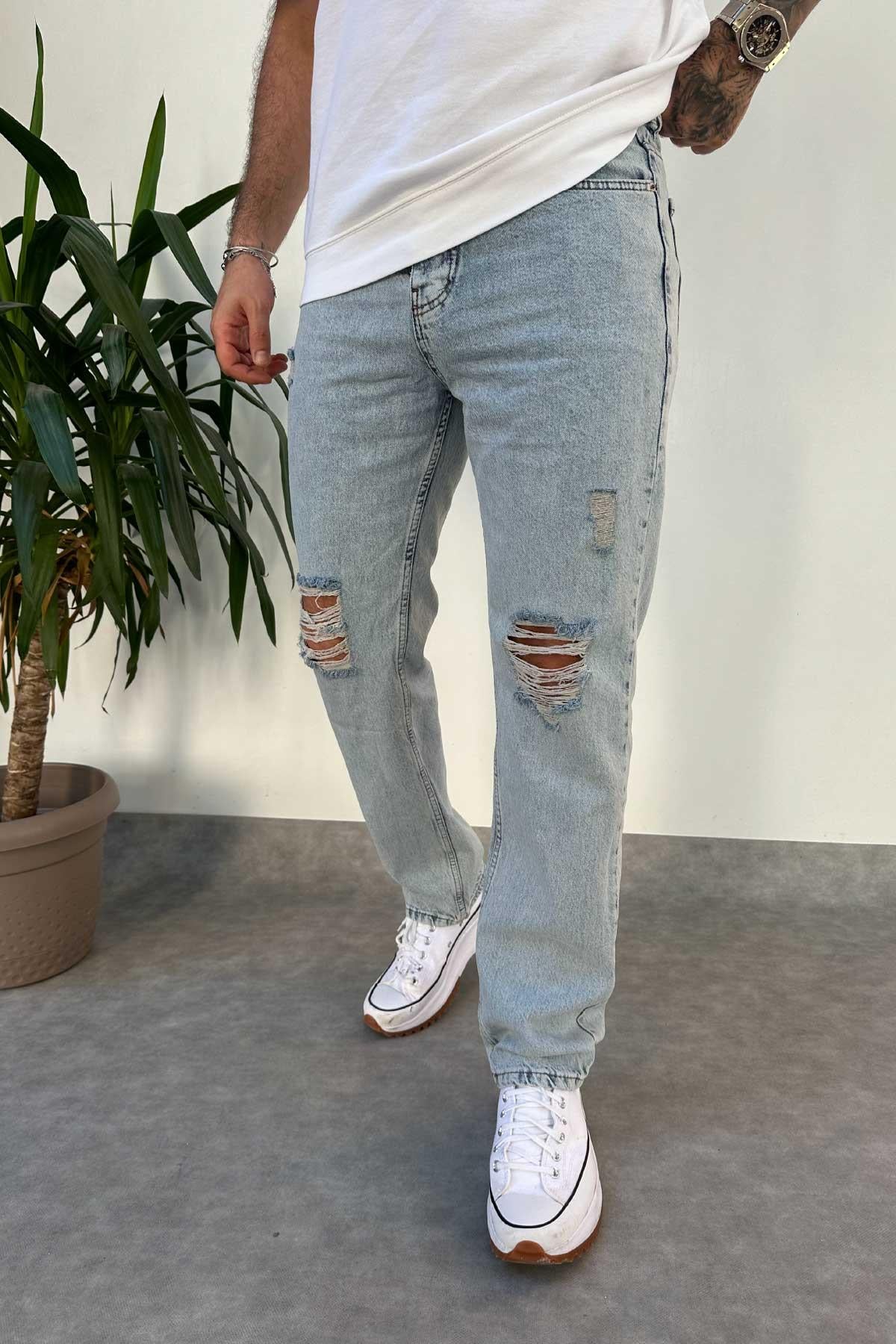 Açık Mavi Dizi Yırtık Baggy Jean