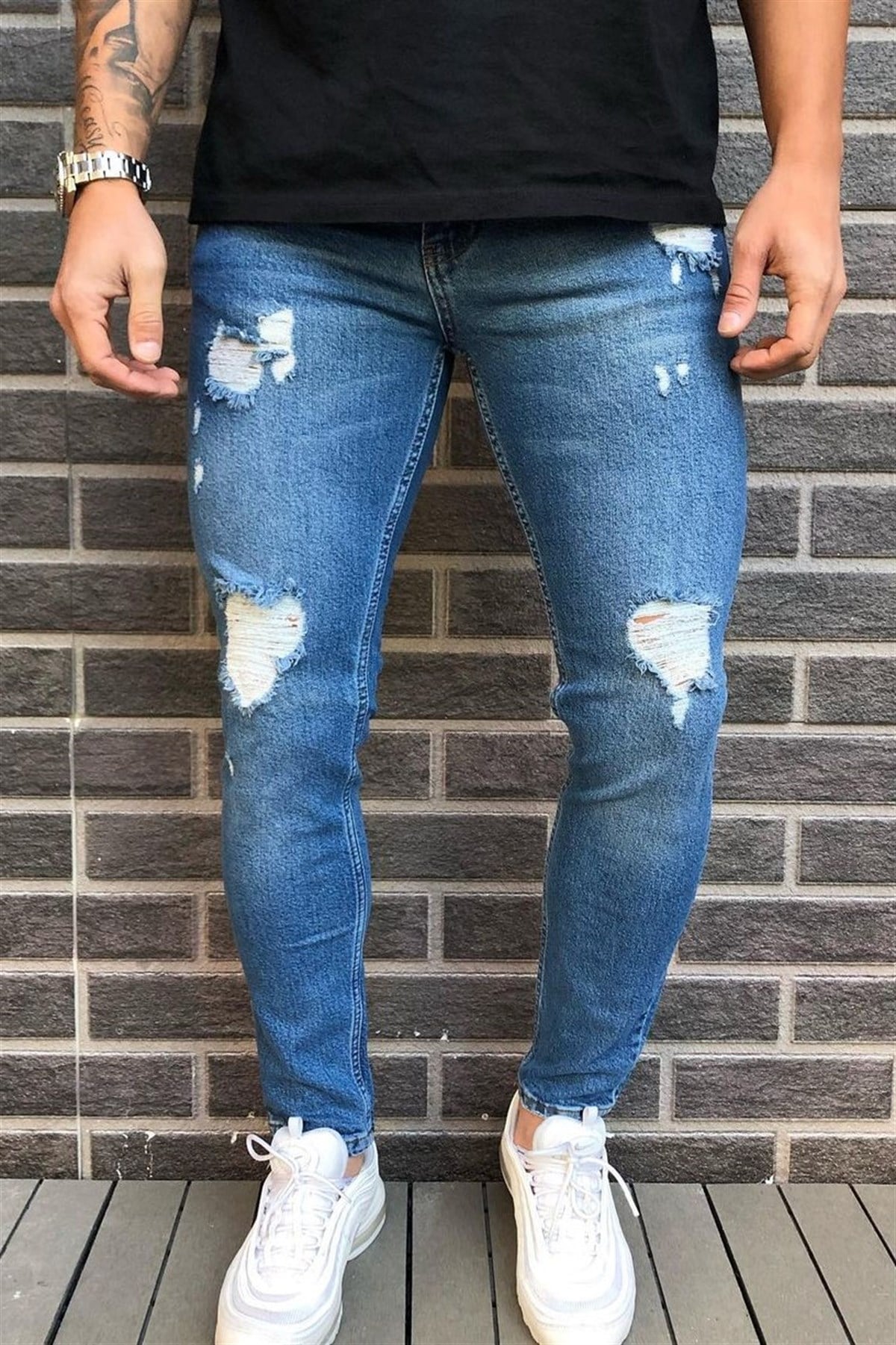 Arka Cep Gül Detay Skinny Jeans Mavi