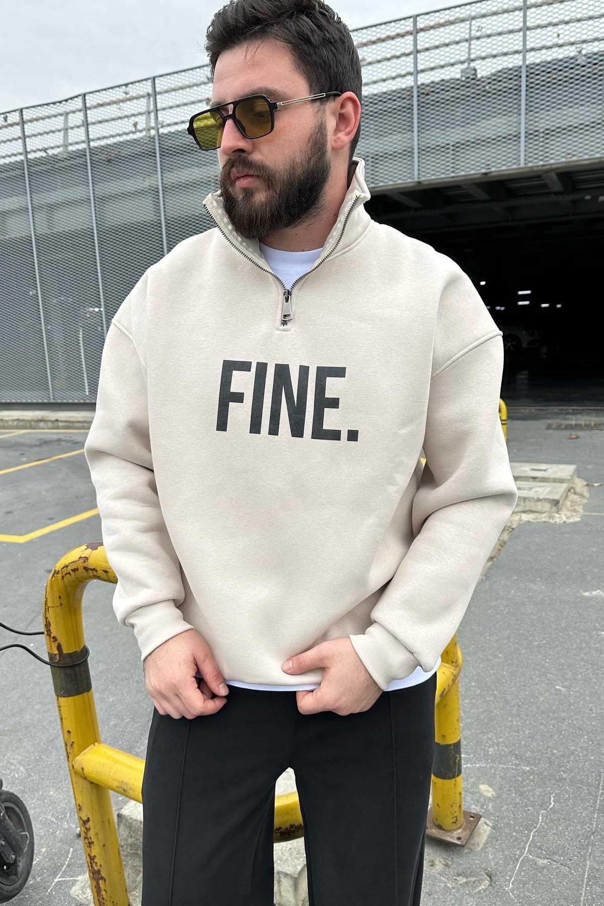 Bej Fermuarlı Fine Sweat