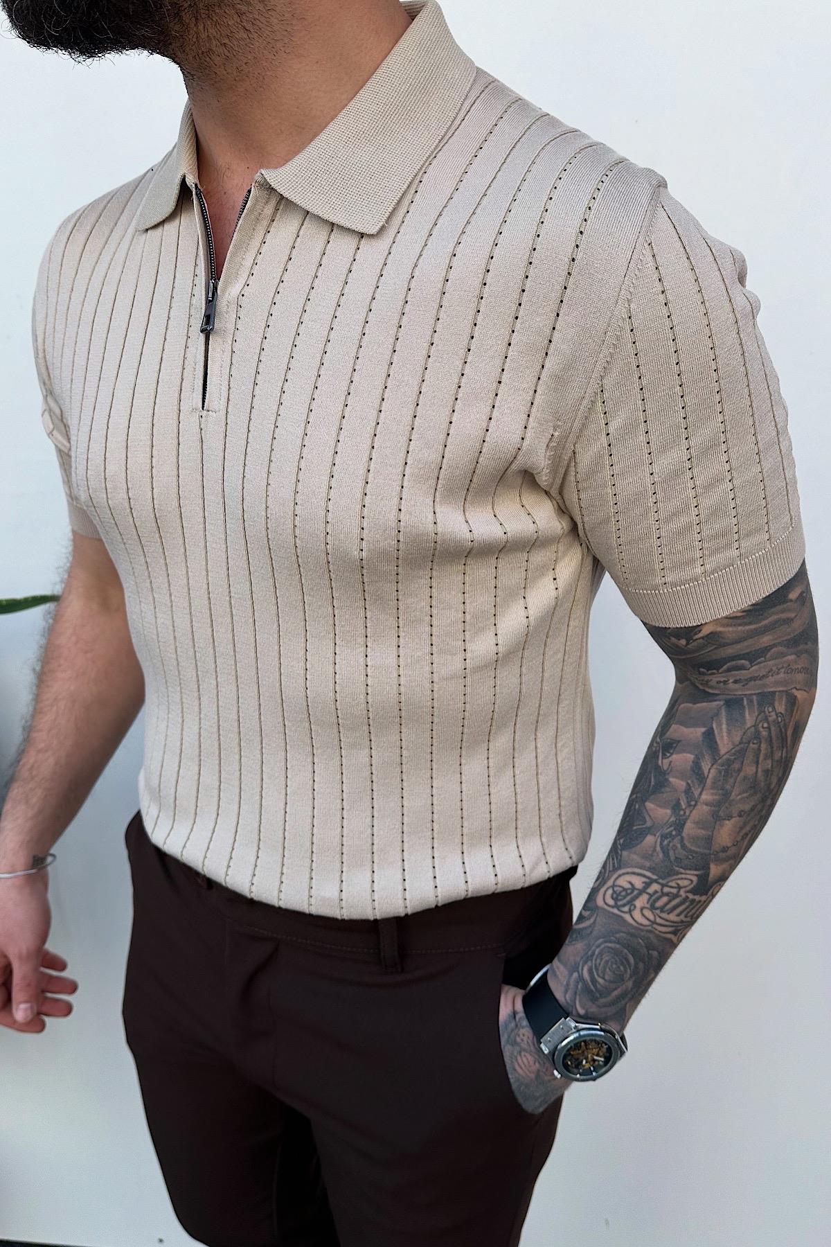 Bej Fitilli Polo Yaka T-Shirt