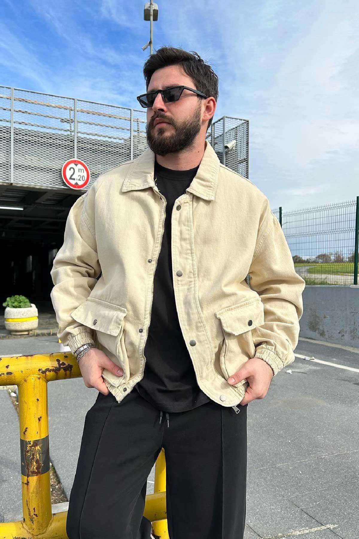Bej Gabardin Bomber Ceket 
