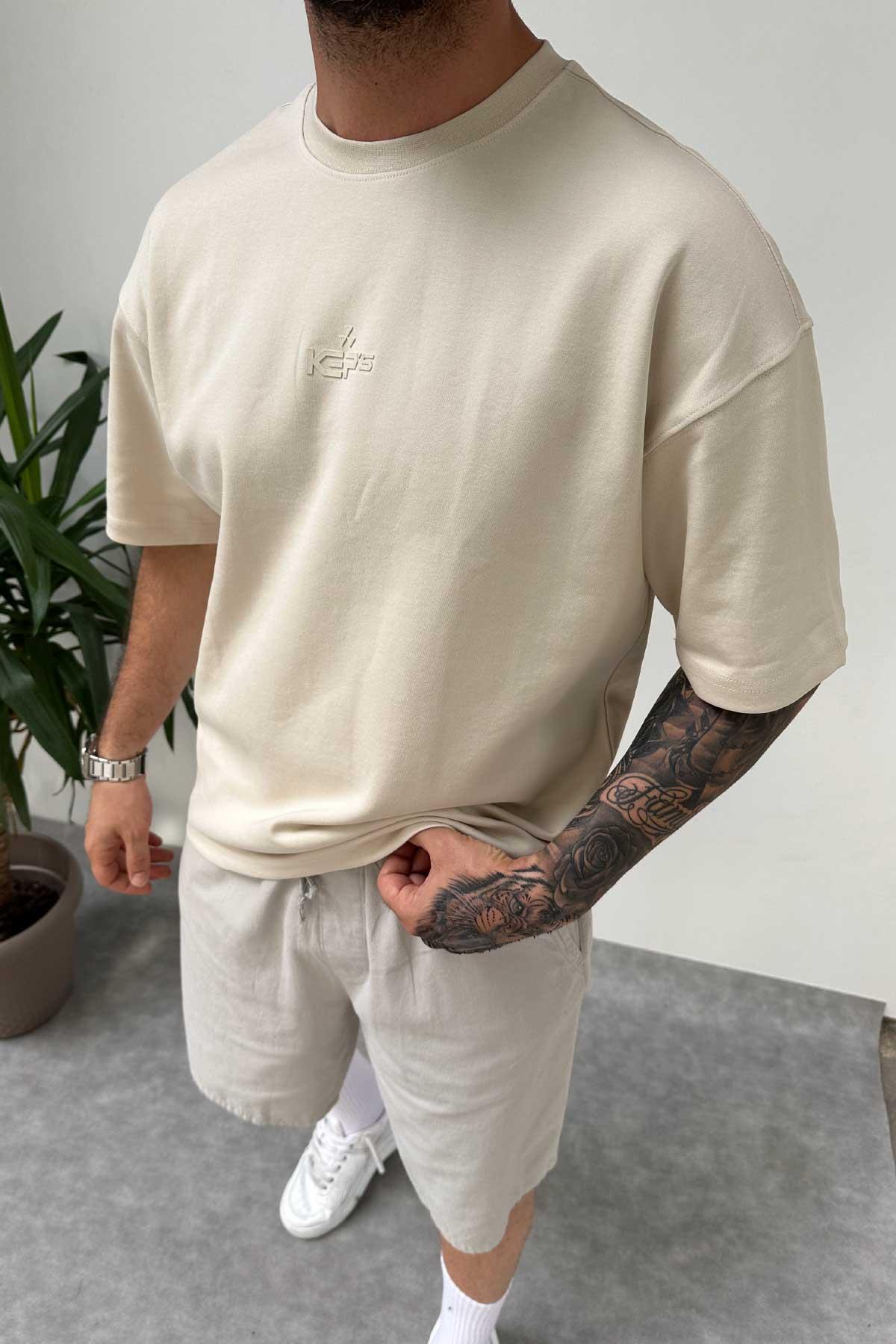 Bej Keps Baskılı Oversize T-Shirt
