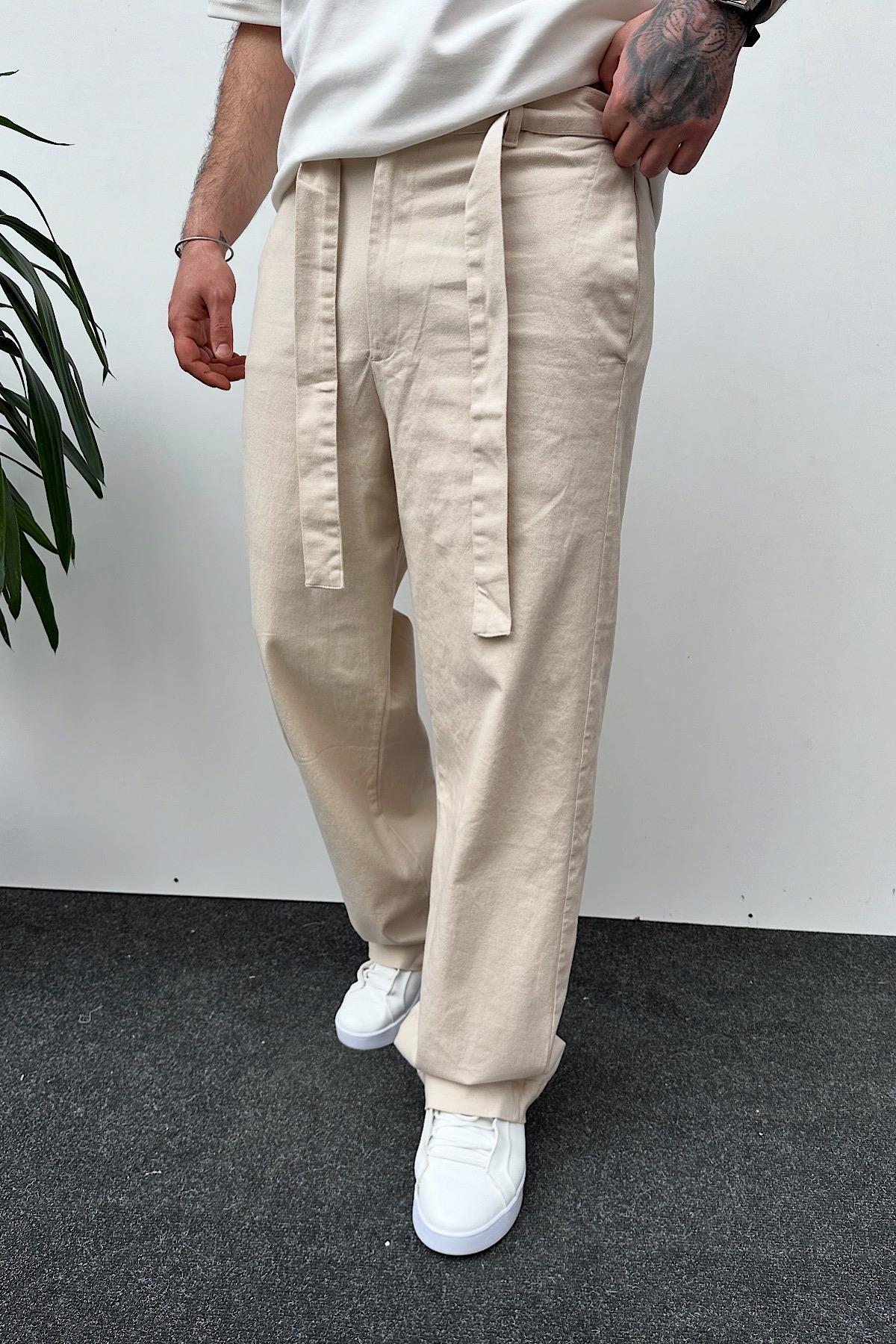 Bej Kuşaklı Baggy Pantolon