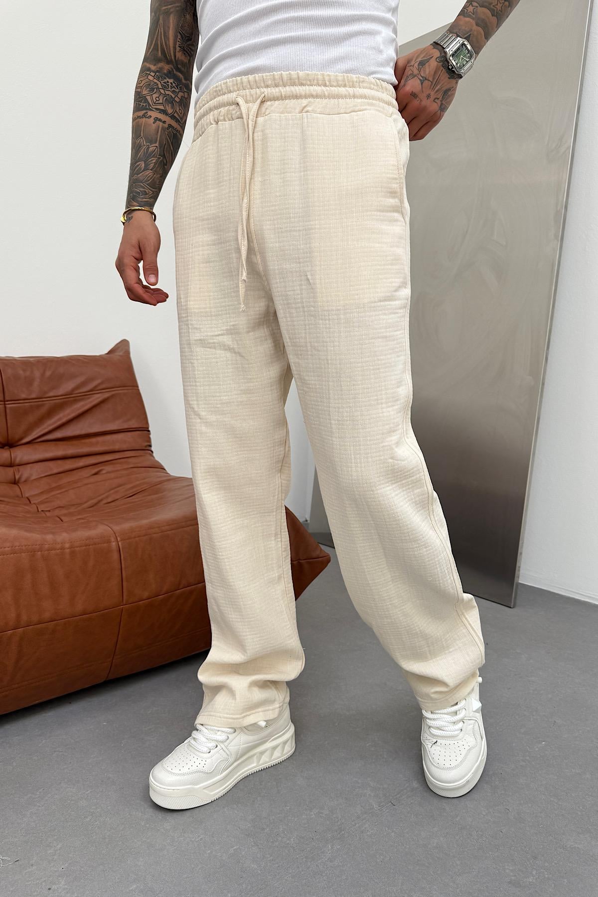 Bej Müslin Baggy Kalıp Pantolon 