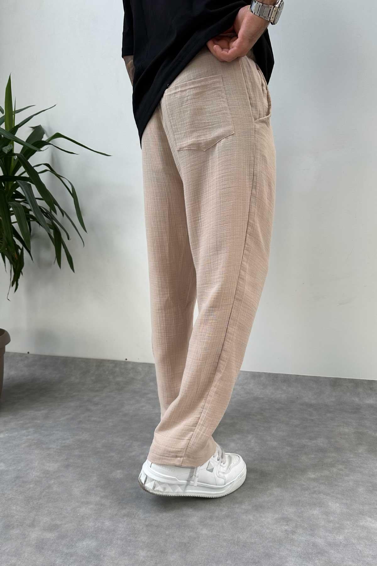 Bej Müslin Kumaş Baggy Pantolon