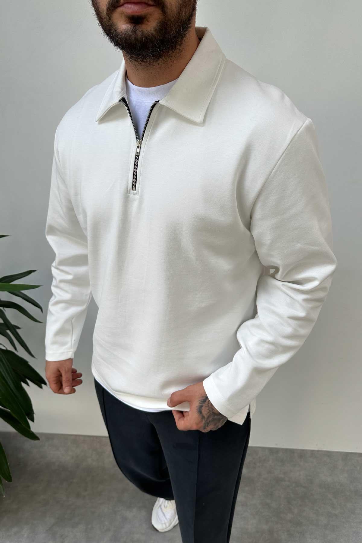 Beyaz Polo Yaka Oversize Sweatshirt