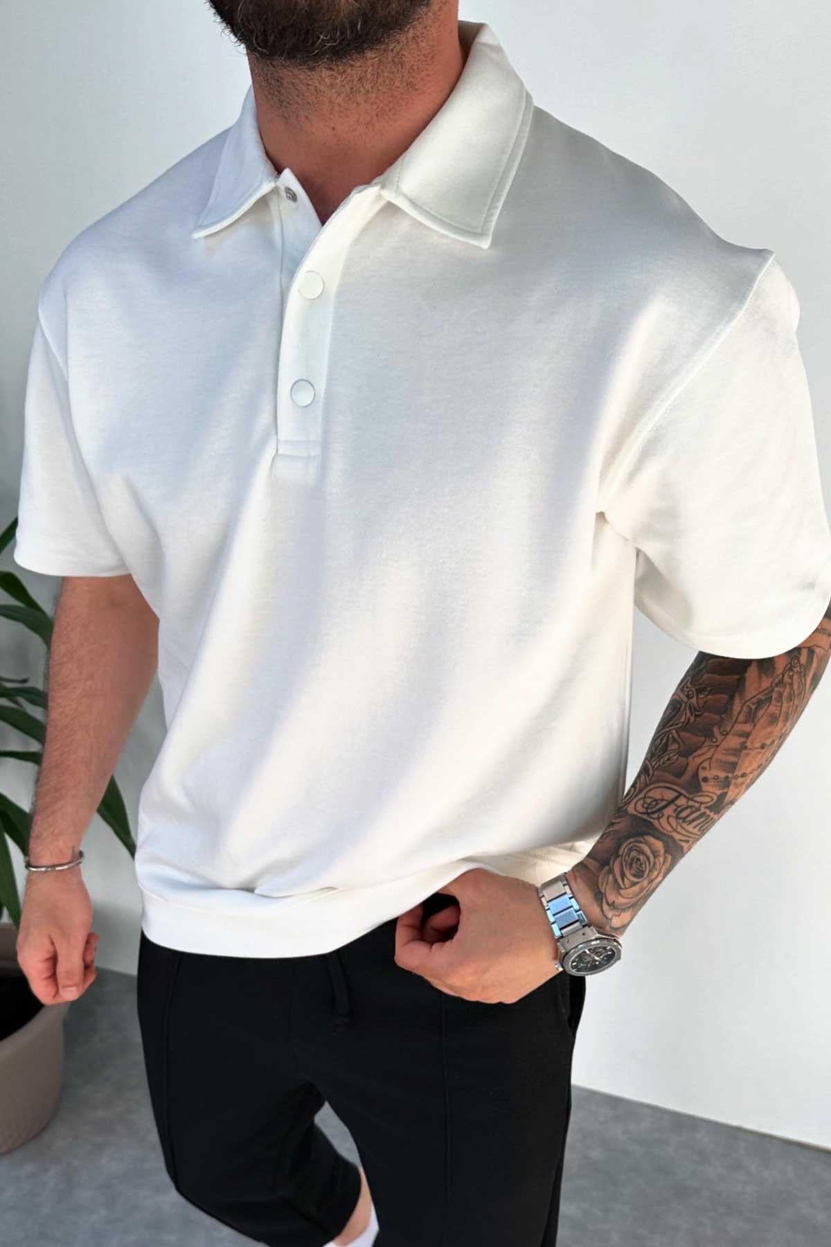 Beyaz Polo Yaka Oversize T-Shirt
