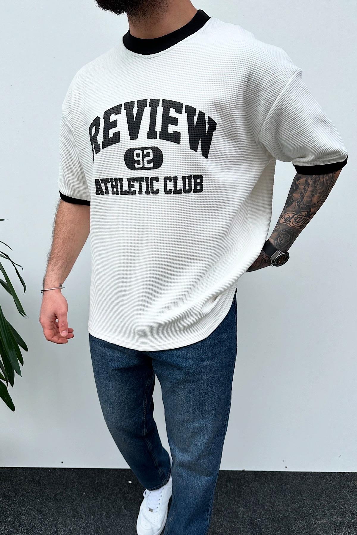 Beyaz Review Tok Kumaş T-Shirt