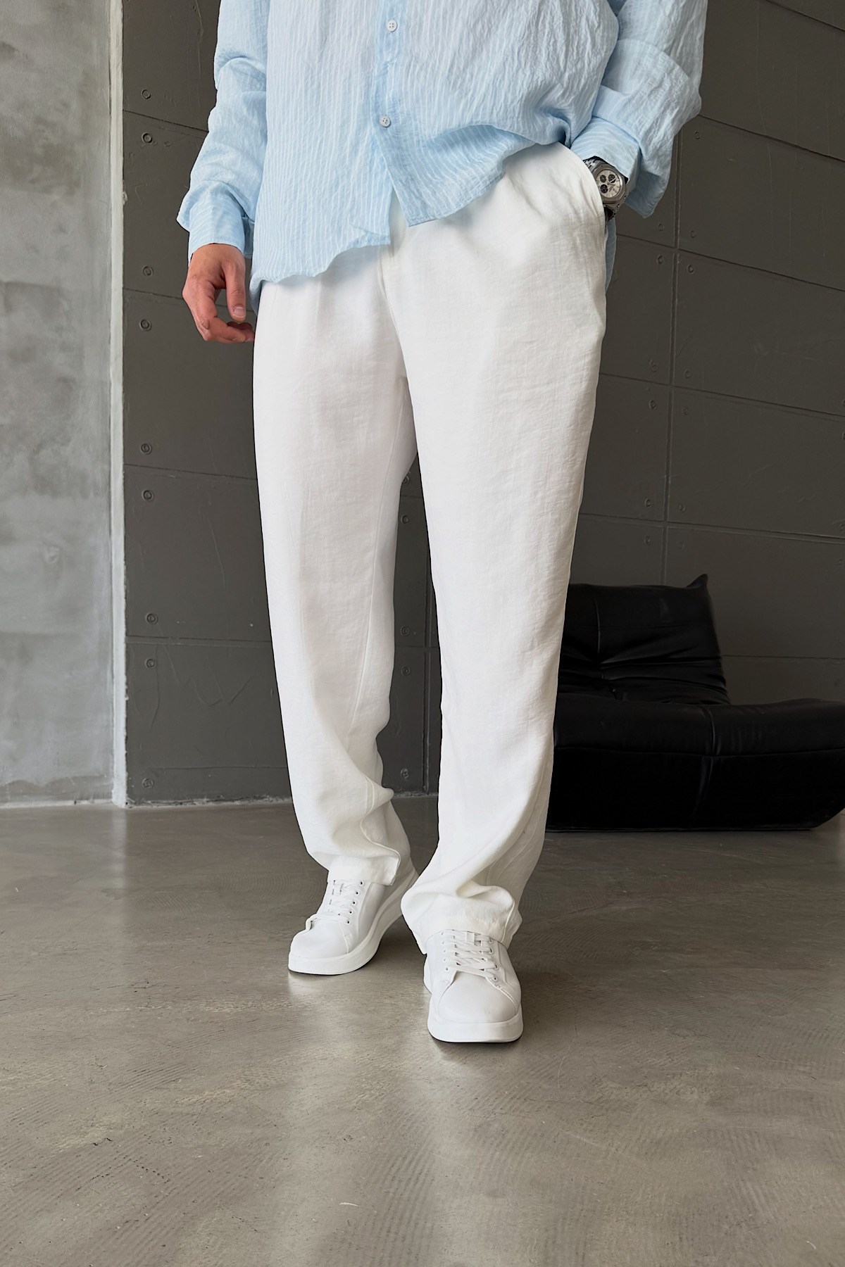 Beyaz Tensel Baggy Pantolon 