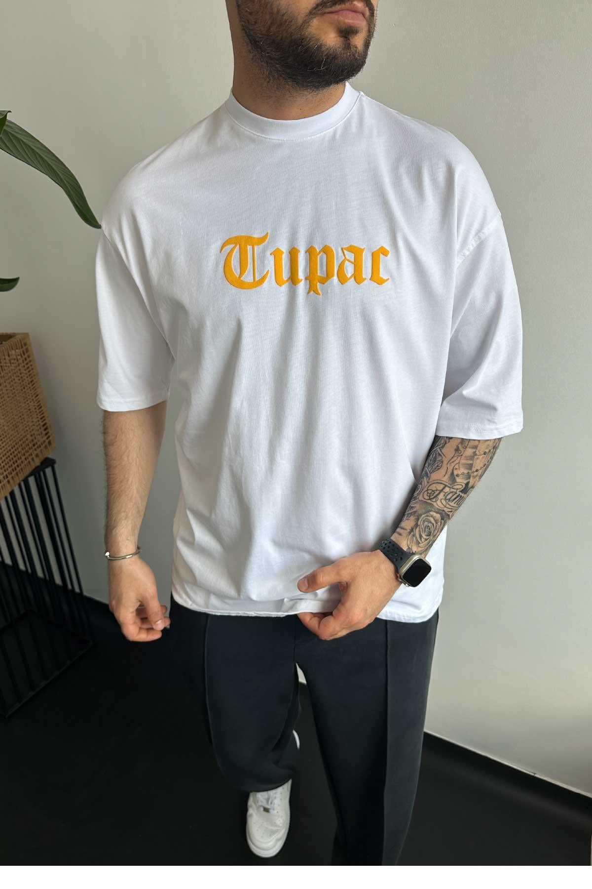 Beyaz Tupac Baskılı Oversize T-Shirt